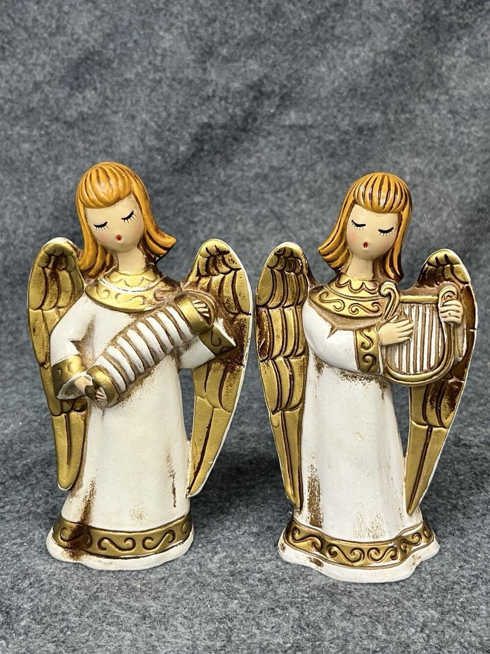 Vintage Christmas Angel Figurines Harp Accordion Chalkware Japan 6.5" Set of 2